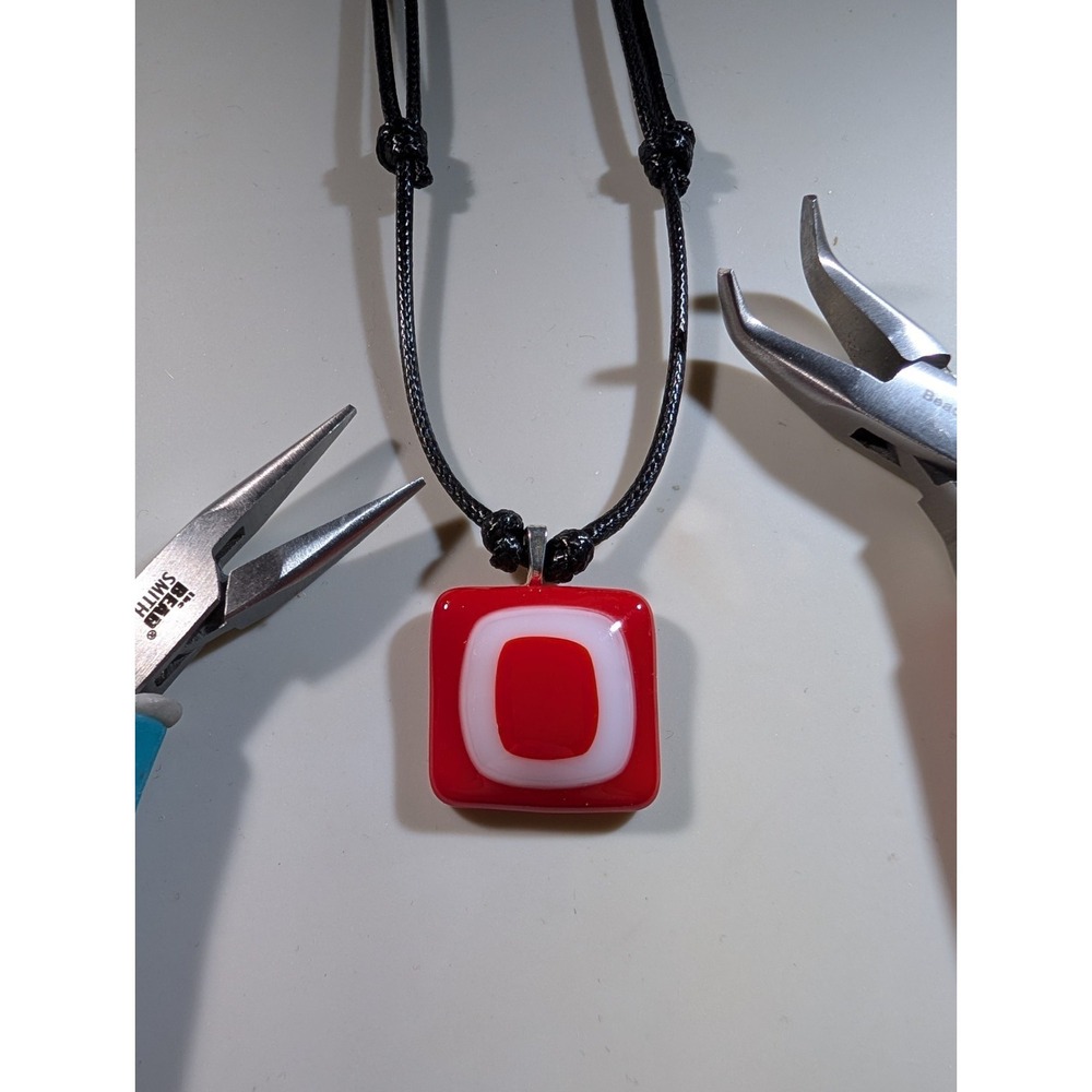 Red White Dichroic Glass Square Pendant Necklace Adjustable Black Cord Artisan